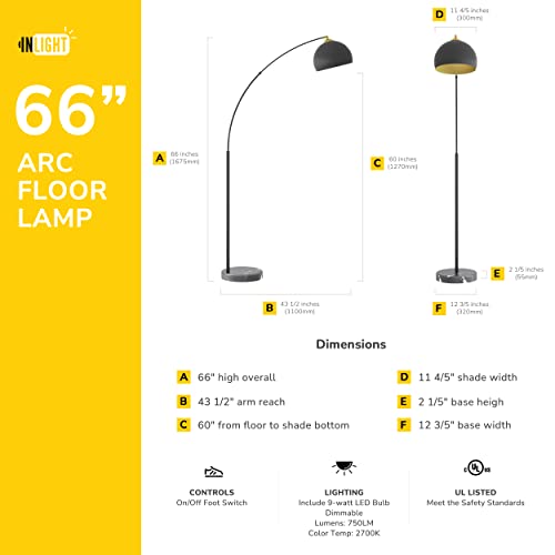 GETINLIGHT Inlight 66" Modern Black Metal Arc Floor Lamp with Inner Gold Metal Shade and Black Marble Base, Bulb Not Included, IN-0806-1-BK
