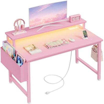 Lufeiya Small Girls Desk with Power Outlets and LED Lights, 32 Inch Gaming Desk Table with Charging Station, Home Office Computer Desks with Monitor, Pink - color: Pink, size: 31.5"