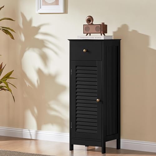 Yaheetech Small Bathroom Storage Cabinet with Drawer & Louvered Door, Black | Slim Free Standing Floor Cabinet Organizer by a Pedestal Sink or Toilet, Hides Tissue and Towels, Shelf inside, MDF Build