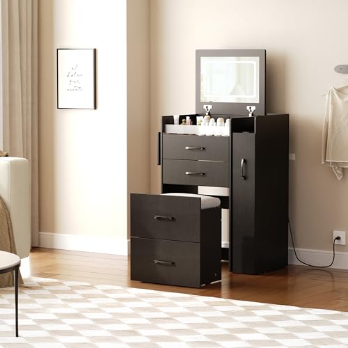 Herture 3 in 1 Vanity Desk with Flip Top Mirror, Comapct Vanity | Small Vanity with Lights,Outlets,Side Cabinet,Collapsible Desk Panel,Storage Hidden Stool,Makeup Vanity Table Black PT01DTB - color: Black
