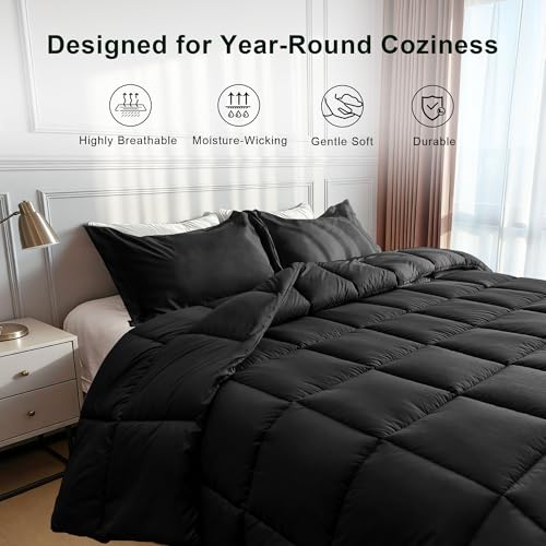 King Size Comforter Set, Reversible 3 Pieces Lightweight Soft Bedding Set for All Season, Premium Bed in a Bag Includes 1 Comforter (106"x90") and 2 Pillowcase (20"x36") - color: Black-3pcs Comforter Set, size: King