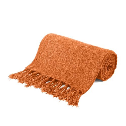 BATTILO HOME Burnt Orange Chenille Throw Blanket for Couch, Soft Cozy Knitted Fall Throw with Tassels, Lightweight Throw Blanket for Fall Decor Bed Sofa Living Room, 50"x60" | Soft Chenille Fall Blanket with Fringe Tassels, Lightweight Fall Decor and Fall