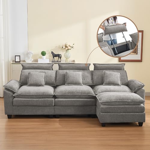 103'' Cloud Modern 3 Seater Couch with Detachable Headrest, Modular Sectional Sofa with Ottoman, Oversized L Shape Chenille Comfy Sofa with Armrests for Living Room, Light Grey - color: Light Grey, size: L Shaped Couch