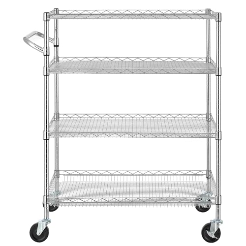 Finnhomy 4 Tier Heavy Duty Commercial Grade Rolling Cart with Handle Bar, Metal Wire Utility Cart with Wheels, Kitchen Service Trolley on Wheels, Shelf Size 18" D x 36" W, NSF, Chrome - size: 36"L x 18"W x 46.4"H-4 Tier, style: Chrome Cart