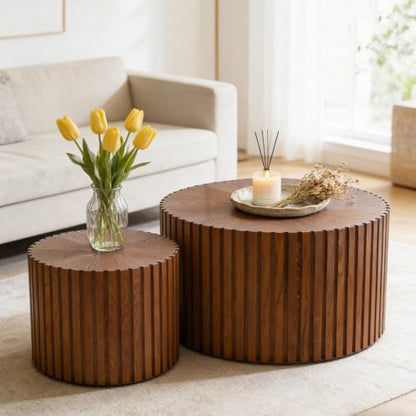 Handcraft Round Nesting Coffee Table (Brown 27.56+19.69in) | Chic Wave Stripe Edge, Modern Stylish Walnut Wooden Circle Fluted Center Table for Living Room - color: A Brown 27.56+19.69in