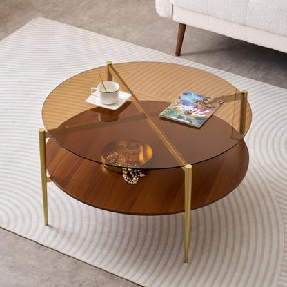 LumFurn Extra Large Round Coffee Table, Mid-Century Modern Design, D34 x H17 in, for Living Room, 2-Tier Structure, Amber Glass Top and Walnut MDF Shelf, Sleek Conical Metal Legs with Gold Finish - color: D34" Amber & Walnut