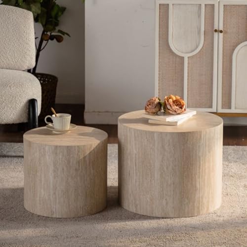 18.9" Nesting Coffee Table Set of 2, Modern Round Coffee Tables Circle Center Table for Living Room Apartment Small Space, Accent End Table Set, No Assembly (Amber) - color: 18.9" White Wood Grain