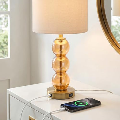 25" Amber Glass Table Lamps for Living Room, Glass Modern Table Lamp Set of 2, USB Charging Ports, Linen Shade, Bedside Lamps for Bedroom, Nightstand, Side Table (Bulbs not Included) - color: Amber