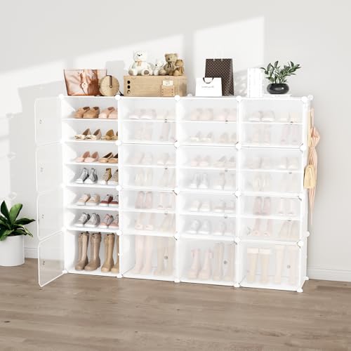 Portable Shoe Rack Organizer with Door, 64 Pairs Shoe Storage Cabinet Easy Assembly, Plastic Adjustable Shoe Storage Organizer Stackable Detachable Free Standing DIY Expandable 8 Tier White - color: White, size: 64" Wide-64 Pairs
