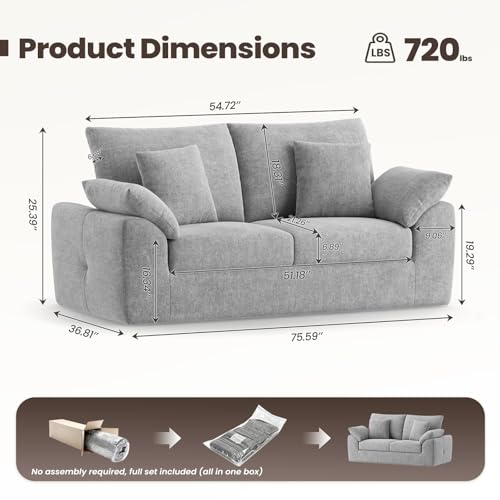 MALOL 75.6" Cloud Boneless Sofa, Loveseat Couches with 4 Pillows, Modern Living Room 2 Seater Sofa for Small Space, Apartment, No Assembly, Light Grey - color: New Grey, size: 75.6"
