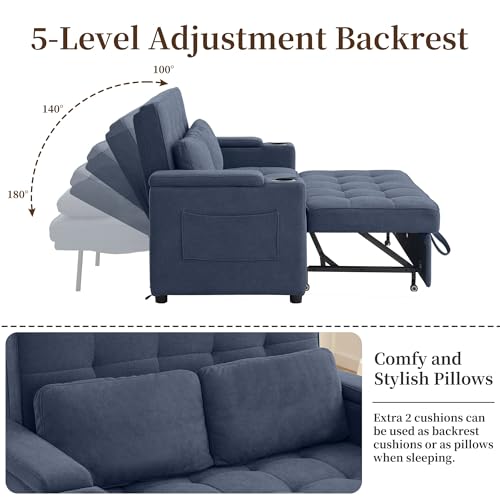 Korser 55.5'' 3-in-1 Convertible Sofa Bed, Pull Out Couch with 5-Position Adjustable Backrest, Loveseat Sleeper Sofa for Small Spaces, Sofa Couch with Cup Holders for Living Room, Office, Chenille - color: Dark Blue