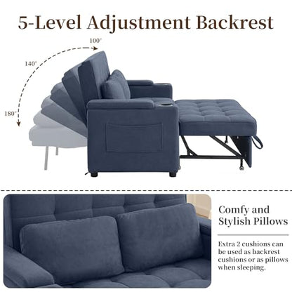 Korser 55.5'' 3-in-1 Convertible Sofa Bed, Pull Out Couch with 5-Position Adjustable Backrest, Loveseat Sleeper Sofa for Small Spaces, Sofa Couch with Cup Holders for Living Room, Office, Chenille - color: Dark Blue