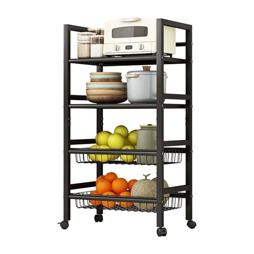 4-Tier Metal Rolling Cart with Removable Grid Shelves, Lockable Wheels & Handle for Kitchen, Bathroom, Office Storage, Black (Medium) - size: 19.7 in