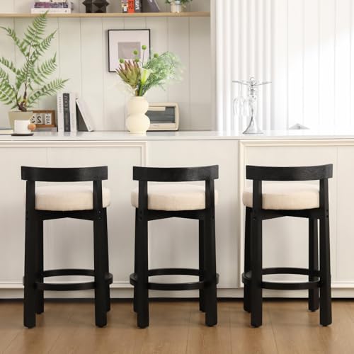 HEAH-YO Mid Century Modern Bar Stools Set of 2, 26.5" Counter Stools with Low Back, Linen Upholstered Barstools with Black Wood Legs Bar Chairs for Kitchen Island Dining Room, Beige - color: 26.5" Beige Linen Black Wood, size: Counter Height - Set of 2
