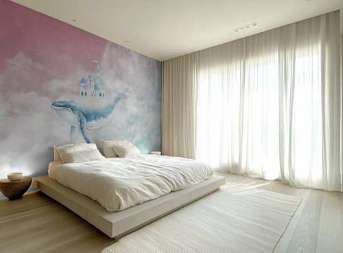 ASJ Kids Nursery Peel and Stick Wallpaper Mural, Whale Castle Moonlight | Seamless edge-to-edge match. Full moon cloud fairy tale artwork, 118x78 in, premium fabric, kids bedroom playroom. - color: Moonlight Silver, size: 118" x 78"