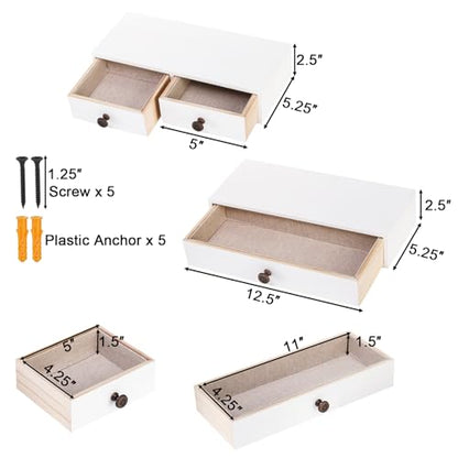 Yesland 2 Packs Space-Saving Floating Nightstand with Drawer - Perfect for Small Spaces - Supports 11 lbs - Compact Wall Mount Rustic Wood Floating Drawers - White