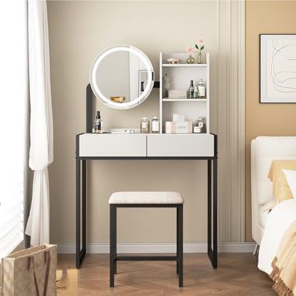 Small Vanity Desk with Mirror and Lights, Makeup Vanity Table with LED Mirror, 3 Lighting Modes, Power Outlet, Drawer, Open Shelves and Cushioned Stool for Bedroom (Black) - color: Black