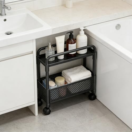 2-Tier Rolling Storage Cart with Wheels, Slim Plastic Organizer Rack for Kitchen, Bedroom, and Bathroom, 15.74x5.12x16.54in (Black) - color: Black