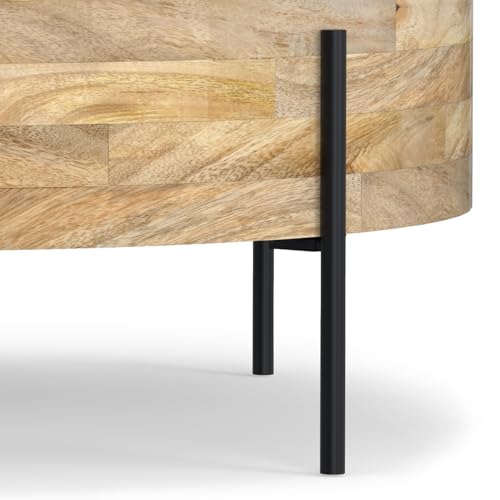 SIMPLIHOME Rayburn 38" Wide Solid Mango Wood Drum Coffee Table in Natural | Modern industrial coffee table with black metal legs and a large surface; round cocktail table or center table. - color: Refined Natural
