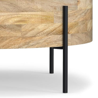 SIMPLIHOME Rayburn 38" Wide Solid Mango Wood Drum Coffee Table in Natural | Modern industrial coffee table with black metal legs and a large surface; round cocktail table or center table. - color: Refined Natural
