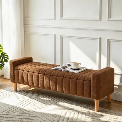 Aoiy & Wifon 63.4" W Large Storage Ottoman Bench, King Size End of Bed Storage Bench with Wood Legs, Upholstered Window Bench for Bedroom, Living Room, Entryway, Teddy Caramel - color: Teddy Caramel