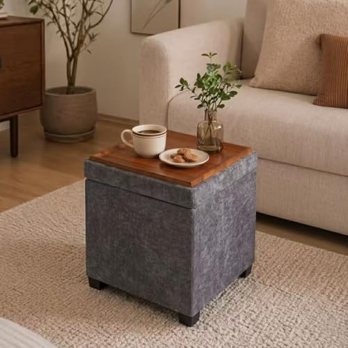 15 inch Square Storage Ottoman with Tray Lid,Modern Tufted Fabric Cube Coffee Table with Storage,Upholstered Ottoman with Removable Top for Living Room, Bedroom - color: Gray With Tray