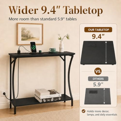 ARTPOWER Console Table with Built-in Power Outlets, Wood Narrow Behind Couch Sofa Table with Charging Station, Skinny Entryway Table with Open Shelf for Living Room, Hallway, Foyer,Set of 2, Black - color: Black, size: 2-packs