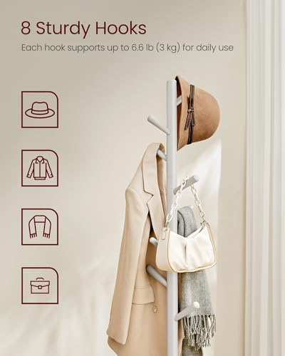 VASAGLE Solid Wood Coat Rack, Free Standing Hall Coat Tree with 8 Hooks, 3 Height Options, for Coats, Hats, Bags, Purses, for Entryway, Hallway, Rubberwood Hooks and Pole, Cappuccino Beige URCR010K01 - color: Cappuccino Beige, style: Square Base + Cylindr