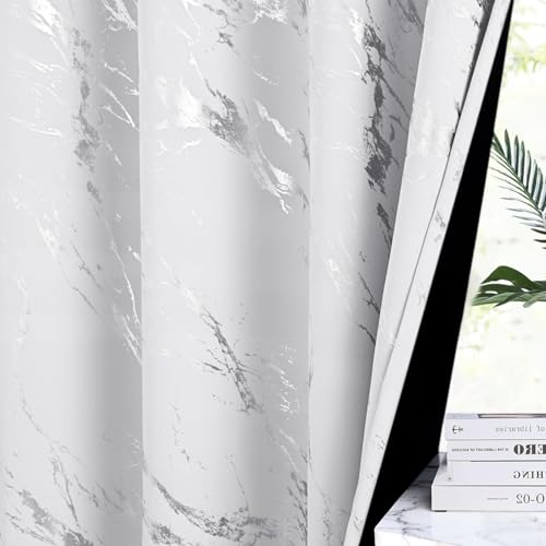 WUBODTI Silver Marble Blackout Curtains 108 inch Bedroom Grommet 2 Panels | Silver on white,metallic pattern,modern,abstract,thermal insulated, room darkening,living room,privacy,window treatments - color: Grey White and Silver, size: 52"W x 108"L (Pack o