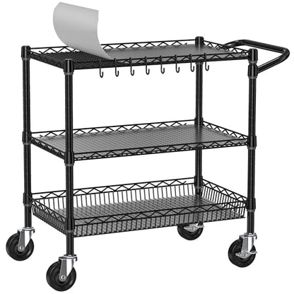 Folews Heavy Duty Rolling Cart with Wheels, 3 Tier Commercial Grade Utility Cart, Metal Storage Organizer Trolley with Handle Bar & Shelf Liner for Pantry, Laundry Room & Household Supplies, Black - style: Black