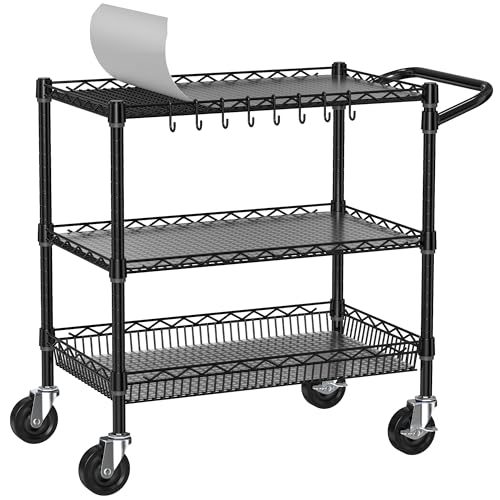 Folews Heavy Duty Rolling Cart with Wheels, 3 Tier Commercial Grade Utility Cart, Metal Storage Organizer Trolley with Handle Bar & Shelf Liner for Pantry, Laundry Room & Household Supplies, Black - style: Black