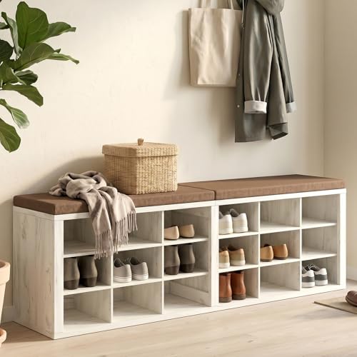 Shoe Rack Bench, Shoe Storage Bench with Cushion, Shoe Organizer 18 Cubbies for Entryway Hallway Bedroom Living Room, Holds Up to 400lbs - color: Beige & Brown, size: 18 Cubbies