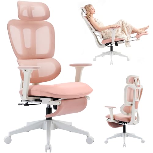 Ergonomic Office Chair with Footrest, 90-135° Reclining High Back Desk Chair with Lumbar Support, 2D Headrest, 2D Armrests, Computer Chair for Long Hours, Pink - color: Pink