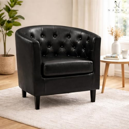 Naomi Home Emma Faux Leather Tufted Barrel Accent Chair - Black | Solid wood frame, sturdy legs and easy-clean faux leather create lasting comfort for living room, bedroom or office. - color: Black, style: Barrel