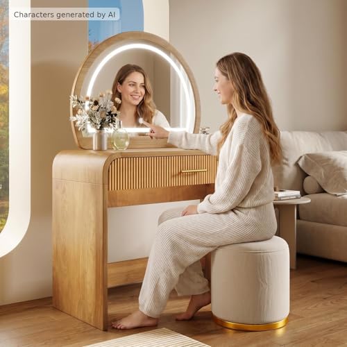 Makeup Vanity Desk with LED Touch Screen Lighted Mirror, Wooden Vanity Table with Drawer, Curved Edge Dressing Table with Removable Mirror for Bedroom (Natural) - color: Natural