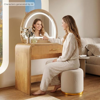 Makeup Vanity Desk with LED Touch Screen Lighted Mirror, Wooden Vanity Table with Drawer, Curved Edge Dressing Table with Removable Mirror for Bedroom (Natural) - color: Natural