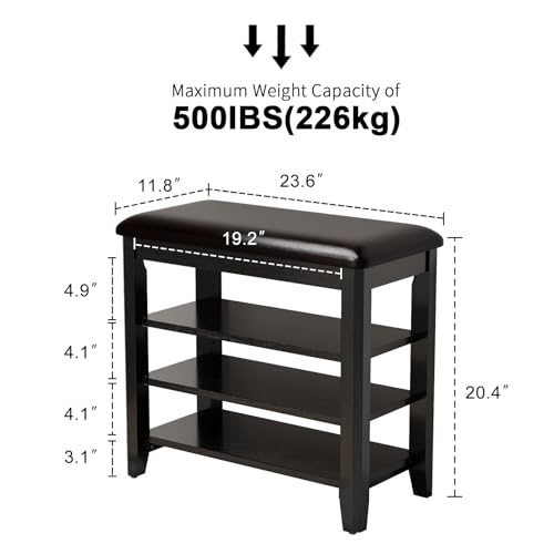 AQIMUELE Shoe Bench with Leather Cushion, 3 Tiers Shoe Storage Bench Height Adjustable, Walnut Wood Entryway Bench for Hallway, Mudroom - color: Black, size: 23.62"