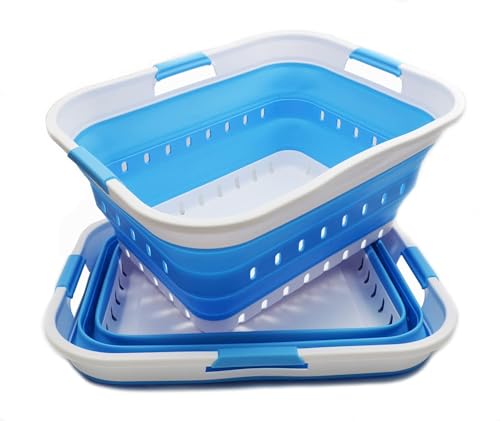 SAMMART 42L (11 gallon) Collapsible Plastic Laundry Basket - Foldable Pop Up Storage Container/Organizer - Portable Basket - Space Saving Hamper/Basket (2, White/Marine Blue) - color: White/Marine Blue