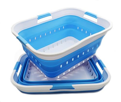 SAMMART 42L (11 gallon) Collapsible Plastic Laundry Basket - Foldable Pop Up Storage Container/Organizer - Portable Basket - Space Saving Hamper/Basket (2, White/Marine Blue) - color: White/Marine Blue