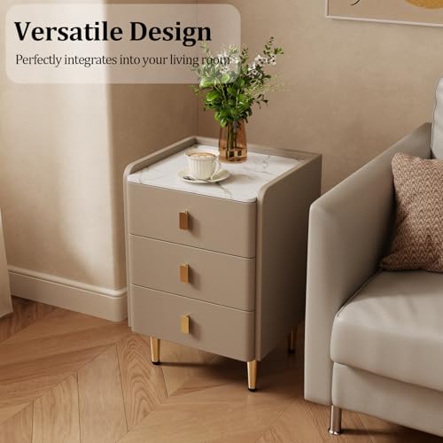 AQIMUELE Narrow Nightstand with Drawers, Narrow Side Table Leather, Small Bedside Tables for Bedroom. (Beige) - color: Beige, size: 15.7''W x 15"D x 22.8"H