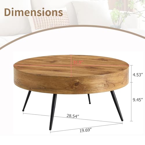 Round Coffee Table, Mid Century Small Coffee Table with Metal Legs, Wood Coffee Table Accent Center Table for Living Room Apartment Small Space (31.5''D-Brown) - color: Brown