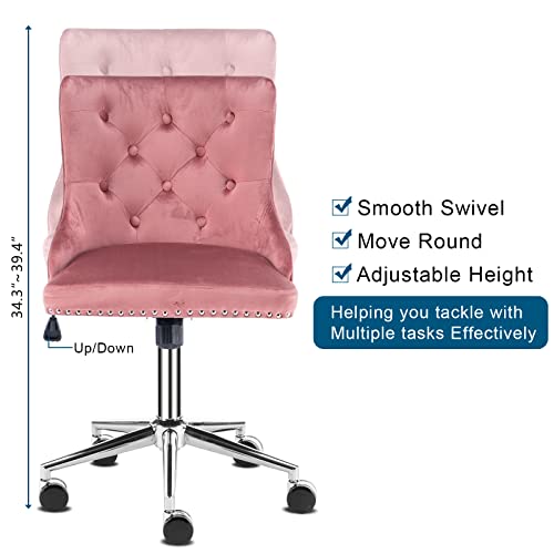 VINGLI Velvet Office Chair - Modern Upholstered Desk Chair with Adjustable Height, Tilting Mechanism, and Rolling Wheels - Pink - color: Pink
