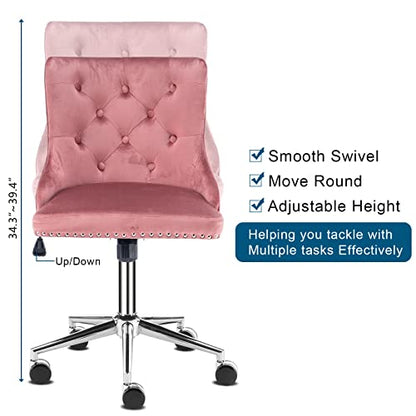VINGLI Velvet Office Chair - Modern Upholstered Desk Chair with Adjustable Height, Tilting Mechanism, and Rolling Wheels - Pink - color: Pink