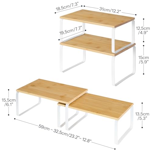HOOBRO Cabinet Organizer Shelf, Set of 2 Kitchen Counter Shelves, Expandable Kitchen Storage, Stackable Bamboo Spice Rack, for Kitchen, Countertop, Office Desk, Bathroom, Natural and White YW30TL01 - color: Natural, White