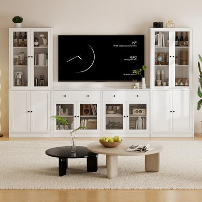 TUSY 71" TV Stand Storage Set - 2 Tall Bookcases & 2 Side Cabinets, Media Console with Glass & Wood Doors, Entertainment Center with Drawers, Tall Media Console for Living Room (White, AFFA) - color: White