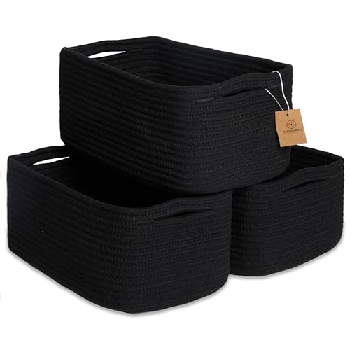 NaturalCozy 13.5”x8.5”x5.5” Rectangle Storage Baskets for Shelves 3 Pack | Cotton Rope Woven Small Baskets for Organizing | Small Storage Bins for Nursery, Bathroom, Closet, Shelf, Decorative - color: Black, size: 13.5" x 8.5" x 5.5"