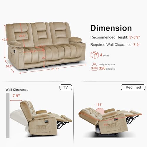 MCombo 82 in 3 Seater Reclining Sofa with Heat and Massage PR647 (Beige) | 155° Zero Gravity, Reclining Middle Seat, Dual Charging Ports, Cup Holders, FSC & OEKO Certified - color: Beige, size: 3 Seater Recliner with Zero Gravity
