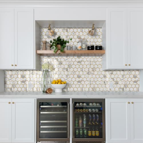 STICKGOO Hexagon Peel and Stick Backsplash Tile, Stick on Backsplash for Kitchen and Bathroom, Glossy Carrara White PVC Mixed Metal Gold Self Adhesive Wall Tiles(10 Sheets, Seamless) - color: Carrara White with Metal Gold