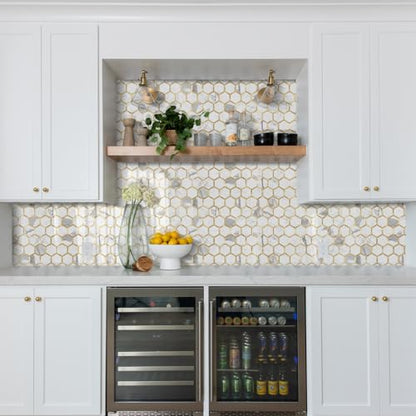 STICKGOO Hexagon Peel and Stick Backsplash Tile, Stick on Backsplash for Kitchen and Bathroom, Glossy Carrara White PVC Mixed Metal Gold Self Adhesive Wall Tiles(10 Sheets, Seamless) - color: Carrara White with Metal Gold