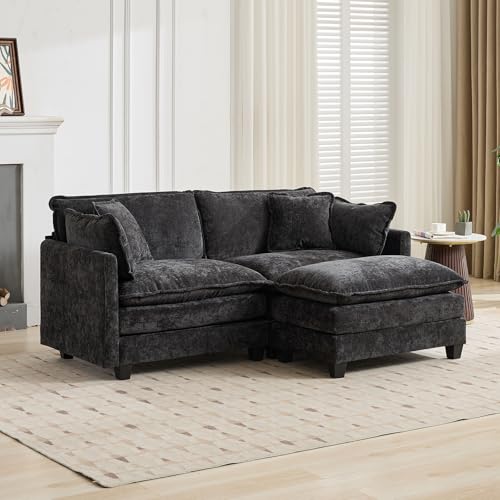 76.7” Oversized Black Loveseat Sofa, 2 Seater Large Sectional Couches for Living Room, Chenille Fabric Modular Sectional Sofa with 1 Ottoman, Deep Seat Home Sofas Set, Love Seat Couches - color: Black, size: 2 Seater + 1 Ottoman